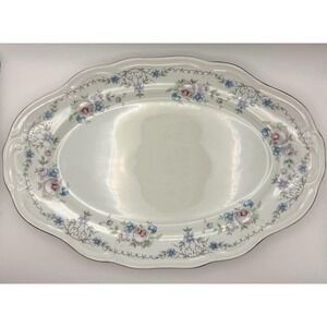 VNTG Schmidt Bavaria Floral Oval Serving Platter Pink Blue Roses Scalloped Edge